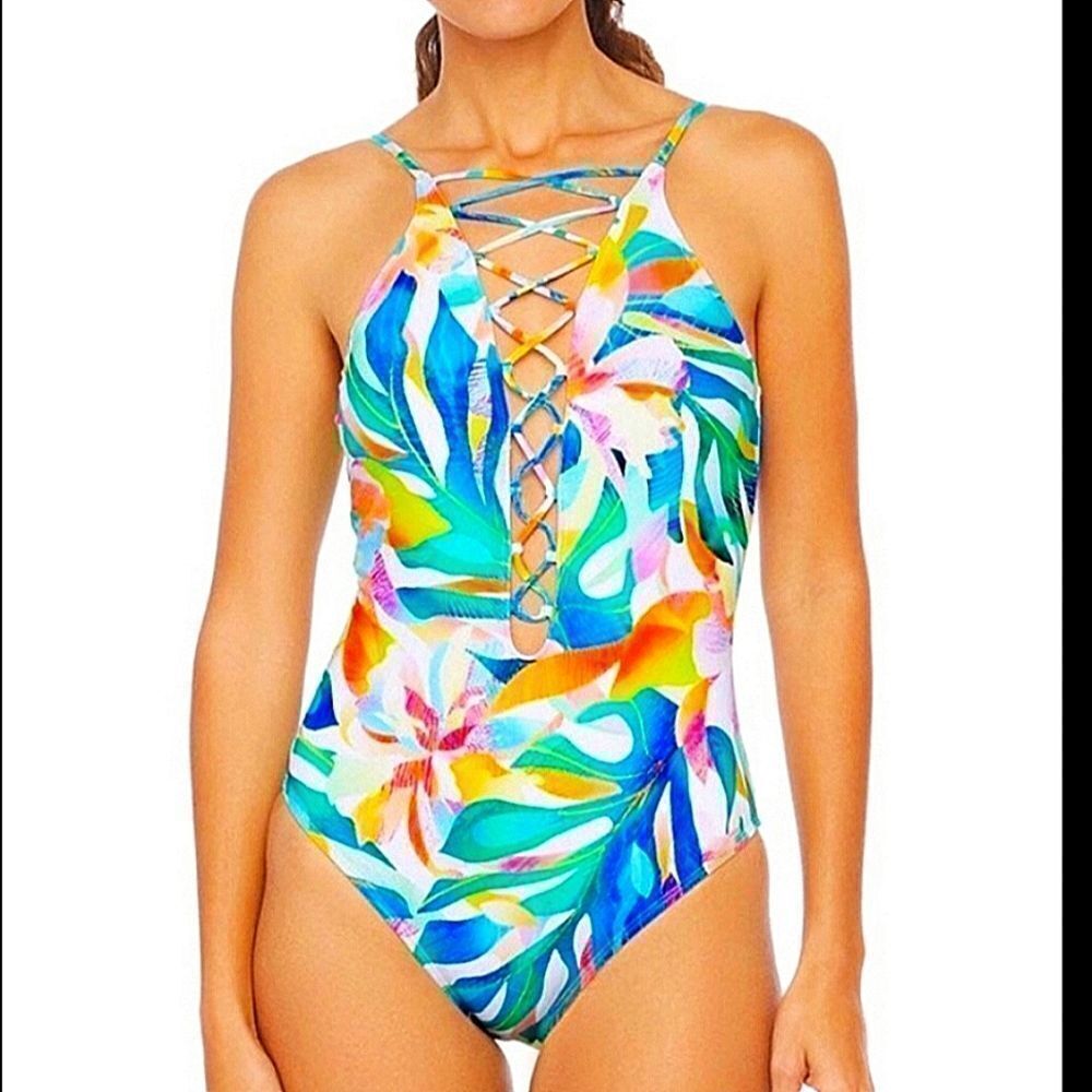LA BLANCA Wild Tropic floral lace up and back women's One piece size 6 s…